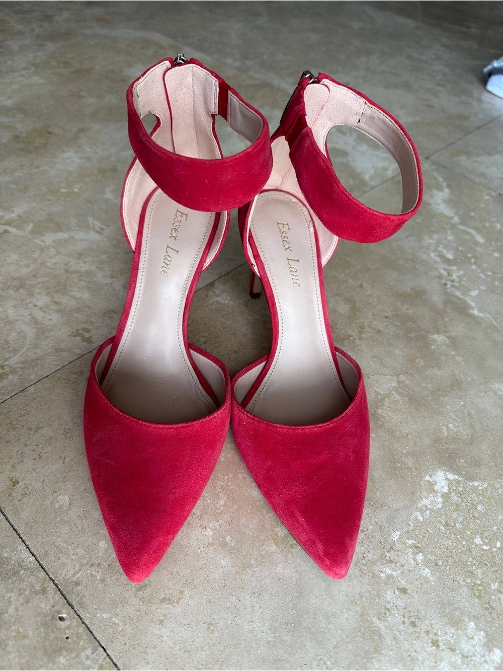 Essex Lane Crimson Suede Pointed Toe Ankle Strap Heels